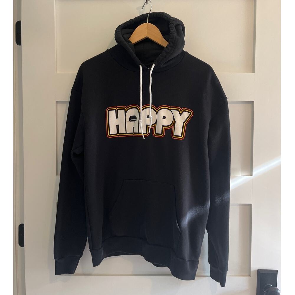 Retro Happy Hoodie with Puffed Lettering Mens Size Large